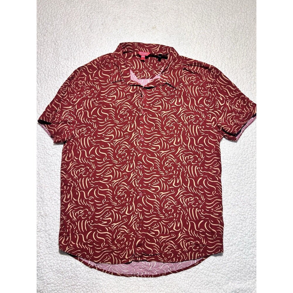 GUESS Men's Short Sleeve Button Up Shirt Red Abstract Graphic Print Size L